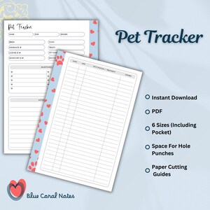 May include: Printable pet tracker with a blue and pink heart pattern. The tracker includes sections for pet information, milestones, notes, and a daily log for medication, treatment, and expenses.