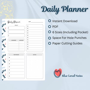 Puede incluir: Un planificador diario imprimible con secciones para comidas, gastos, recordatorios y notas. El planificador está decorado con un patrón floral en azul y rojo. El texto "Daily Planner" está en la parte superior de la página. El texto "Instant Download", "PDF", "6 Sizes (Including Pocket)", "Space For Hole Punches", y "Paper Cutting Guides" está listado en una columna en el lado derecho de la página. El texto "Blue Coral Notes" está en la parte inferior de la página.