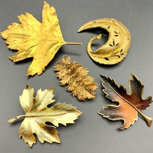 Collection of 5 Vintage Gold Tone Brooch Pin Leaf Maple Signed Unsigned