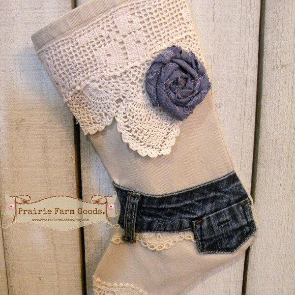 Rustic Christmas stocking with denim belt Prairie Farmhouse shabby charm RDT ECS SVFTEAM OFGTeam