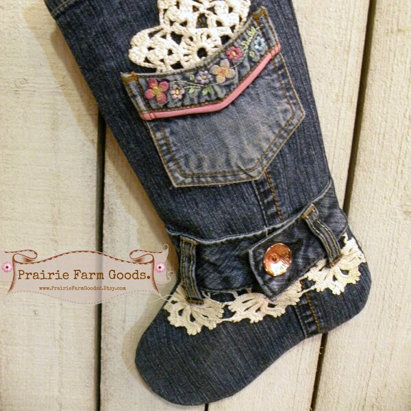 Prairie Christmas denim stocking Rustic Farmhouse Vintage crochet shabby charm RDT ECS SVFTEAM OFGTeam