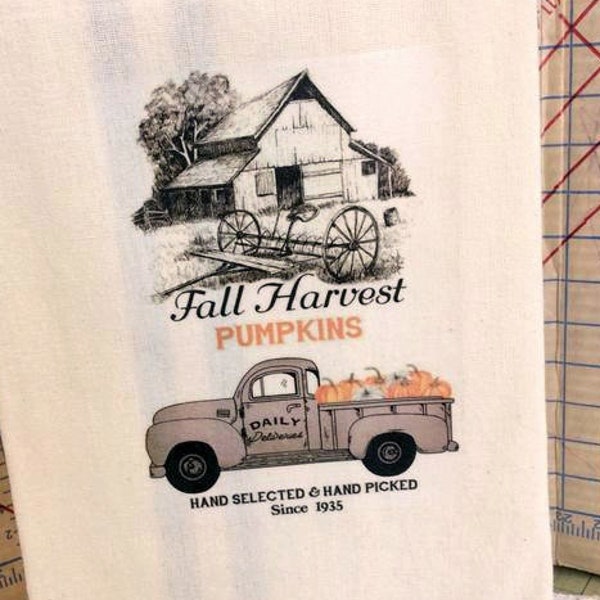 Old Truck Farmhouse towel Autumn fall pumpkins Vintage style cotton Shabby Prairie Farmhouse ECS RDT FVGteam