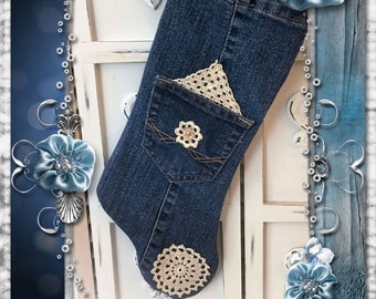 Rustic Farm denim stocking Rustic Christmas Vintage crochet shabby charm with pocket