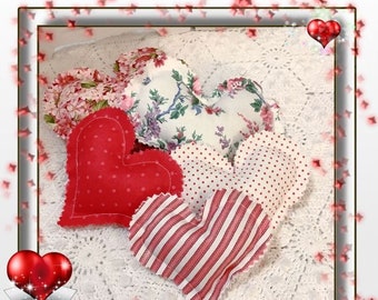 FIVE Valentine fabric hearts farmhouse Red Dots stripes floral red on white bowl fillers (set of five)