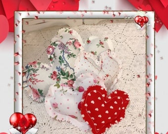 FIVE Valentine fabric hearts farmhouse Red floral Pink Roses red on white bowl fillers (set of five)
