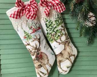 Reindeer Farm Christmas Stocking Country farmhouse Vintage Lace Red Gingham bow