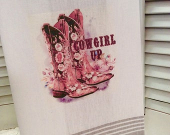 Cowboy boots towel Farmhouse kitchen towel Vintage style cotton Shabby Prairie Farmhouse ECS RDT FVGteam Cowgirl Up