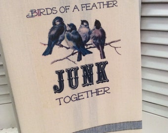 Junkin birds of a feather kitchen towel Vintage style cotton Shabby Prairie Farmhouse ECS RDT FVGteam