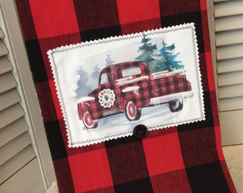 Red Truck Buffalo check Christmas kitchen towel Vintage style cotton Shabby Prairie Farmhouse ECS RDT FVGteam