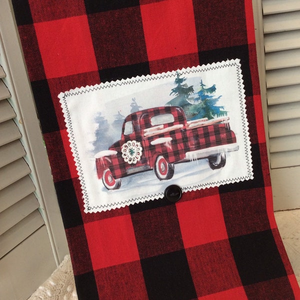 Red Truck Buffalo check Christmas kitchen towel Vintage style cotton Shabby Prairie Farmhouse ECS RDT FVGteam