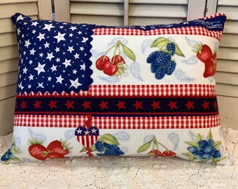 4th of July Flag Porch jumbo pillow charm Stars, Stripes Vintage theme  Summertime cherry blueberries strawberry Reversible