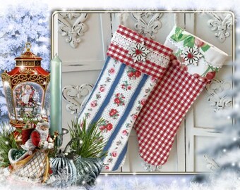 Retro Farmhouse Christmas Stocking Red Gingham, Cherries, Stripes Urban Farmhouse, Modern Farmhouse