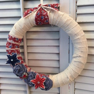 Rustic 4th of July burlap wreath Rustic Farmhouse county chic Stars and Stripes ECS OFGteam RDT SVFteam FVGteam