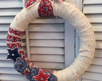 Rustic 4th of July burlap wreath Rustic Farmhouse county chic Stars and Stripes