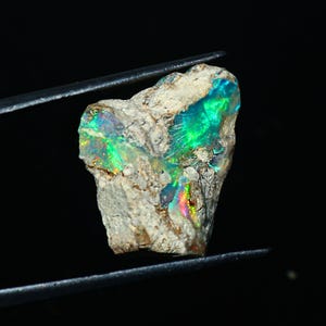 May include: A rough, uncut opal gemstone with vibrant green, blue, and red iridescence. The opal is held by tweezers against a black background, showcasing its natural, raw texture and colorful play-of-color.