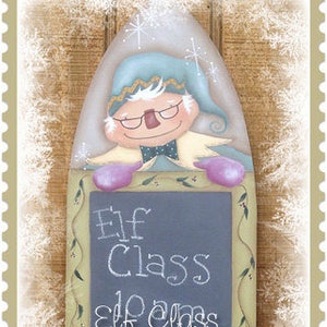 E Pattern Christmas Elf Class Chalkboard Primitive Whimsical Folk Art Terrye French Painting With Friends image 1