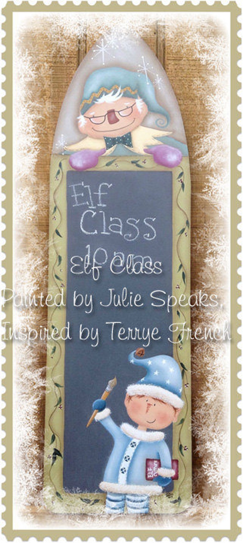 E Pattern Christmas Elf Class Chalkboard Primitive Whimsical Folk Art Terrye French Painting With Friends image 1