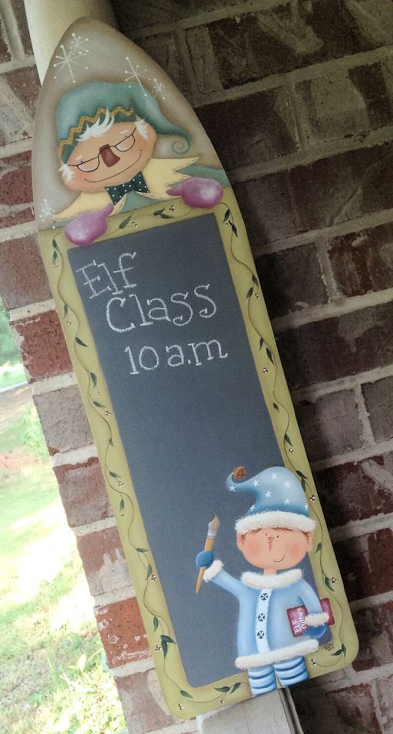 E Pattern Christmas Elf Class Chalkboard Primitive Whimsical Folk Art Terrye French Painting With Friends image 3