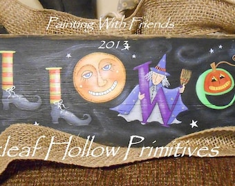 Halloween E Pattern Primitive Sign Terrye French ghost moon witch boots