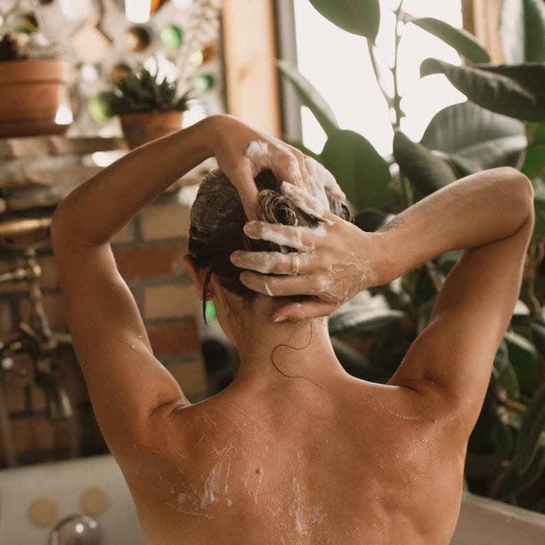 K&ouml;nnte beinhalten: Eine Person mit nassem Haar w&auml;scht ihre Haare unter der Dusche. Sie verwendet ihre H&auml;nde, um Shampoo oder Conditioner aufzusch&auml;umen. Die Person steht in einem Badezimmer mit einer gekachelten Wand und einer Pflanze im Hintergrund.