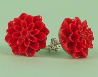 Red Mum Button Sterling Silver Post Earrings