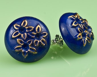 Vintage Blue Glass with Gold Flowers Post Earrings