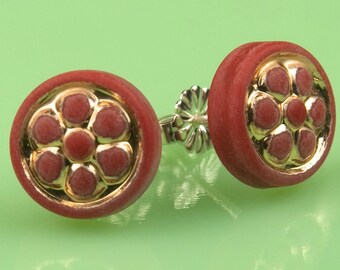 Vintage Red Lucite with Gold Flower Post Earrings