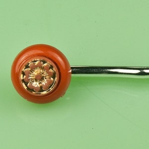 Vintage Orange Lucite with Gold Flower Button Hairpin image 1