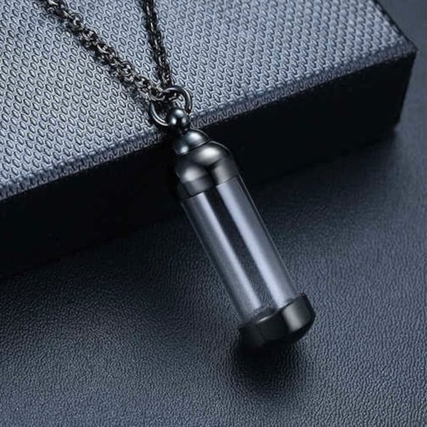 Collier fiole noire avec pendentif fiole en verre transparent vide et chaîne, image de fiole de souhaits, souvenir de cendres de souhaits (40 x 10 mm)