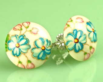 Vintage Blue and Gold Flower Glass Buttons Sterling Silver Post Earrings