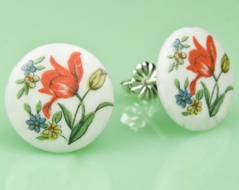 Vintage Red Tulip on Glass Button Sterling Silver Post Earrings