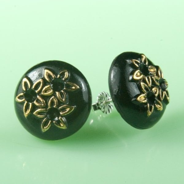 Vintage 1940's Black Glass with Gold Flowers Post Earrings