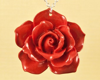 Vintage Red Lucite Rose Necklace set on Sterling Silver