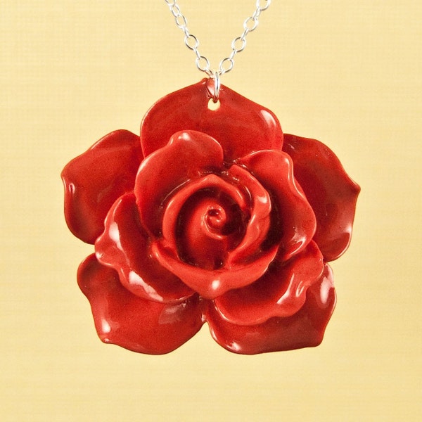 Vintage Red Lucite Rose Necklace set on Sterling Silver