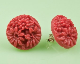 Vintage Red Flower Button Post Earrings