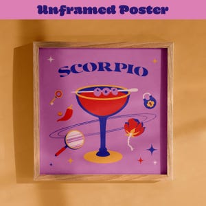 Arte de pared de Escorpio, regalos astrológicos, póster preppy rosa, póster de carrito de bar, impresión estética de moda, arte de pared de cócteles, póster retro, ideas para regalos del zodíaco
