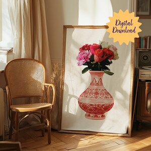 May include: A digital download of a printable art print featuring a red and white porcelain vase with a bouquet of pink and red flowers.