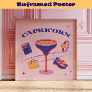 Steenbok sterrenbeeld cadeau roze preppy muur kunst bar kar decor coquette maximalist uniek cadeau voorher verjaardag persoonlijkheid bar kar Wallart print