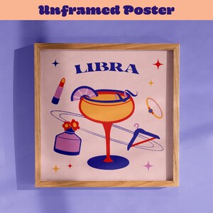 Prezent urodzinowy Libra Zodiac plakat Bar Cart plakat Astrologia prezenty estetyczny plakat różowy Preppy Wall Art kwadratowy plakat dekoracyjny pomysł na prezent