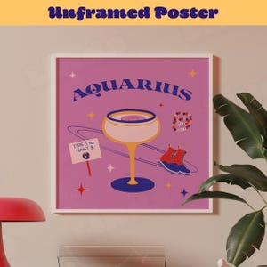 Póster de cóctel de Acuario, impresiones preppy en rosa, impresión retro decorativa, arte de pared de moda, regalos de astrología, carteles de signos del zodíaco, regalo de signos astrológicos