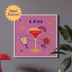Leeuw sterrenbeeld astrologie afdrukbare bar kar muur decor cocktails posters funky poster print schattig appartement decor girly muur kunst dopamine