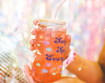 Sugar Spice & Everything Nice Glass Ice Coffee Cup With Lid and Straw Glass tumbler For Her Power Puff Aesthetic Glass Can Cute Glass Cups