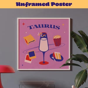 Póster de cóctel de regalo con el signo del zodíaco Tauro, arte de pared rosa, póster de carrito de bar de moda, regalos del signo del zodíaco para ella, carteles de astrología con carrito de bar estético