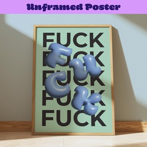Fuck Swear Wording Trendy Typography Wall Art, 3D Bubble Letters Poster, Mint Blue Decoration