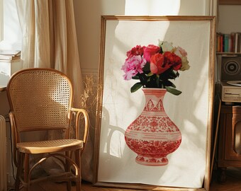Vaso di fiori decorato in stile Chinoiserie rosso, estetica preppy, arte da parete, bouquet di fiori per lei, decorazione delle pareti del soggiorno, decorazione murale del soggiorno