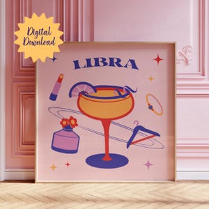 Weegschaal Sterrenbeeld Cocktails Art Print Bar Cart Printables Astrologie Borden Dopamine Kleuren Retro Trendy Posters Coquette Maximalist Geschenken