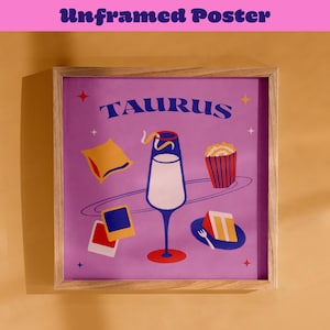 Póster de cóctel de regalo con el signo del zodíaco Tauro, arte de pared rosa, póster de carrito de bar de moda, regalos del signo del zodíaco para ella, carteles de astrología con carrito de bar estético