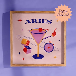 Aries Art Print Astrology Wall Art Dopamine Decor Square Art Print Bar Cart Printables Cocktails Digital Art Zodiac Signs Cute Aesthetic