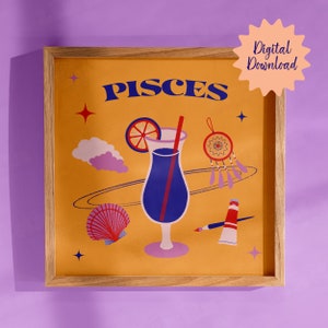 Pisces Zodiac Sign Printable Astrological Print Cocktail Poster Bar Cart Wall Decor Square Wall Art Cute Trendy Art Print Hand Drawn Prints