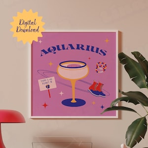 Verseau Poster Astro Cocktail Bar Cart Decoration Signes du Zodiaque Affiche Astrologique Esthétique Girly Rose Déco imprimée Astrologie Art